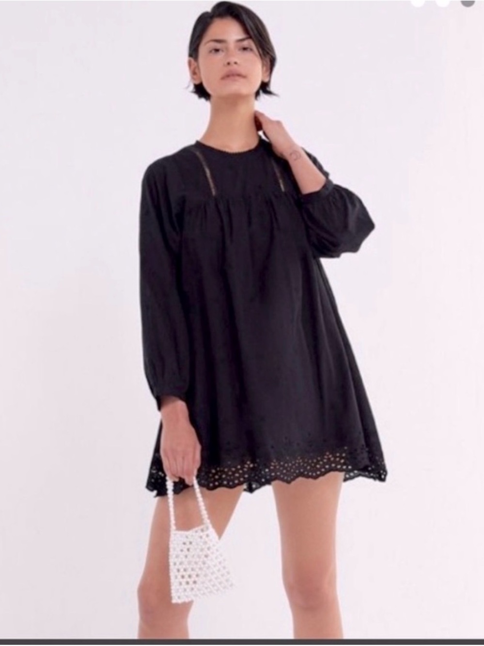 Zara Black Eyelet-Hem Long-Sleeve Mini romper Dress